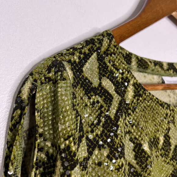 Susan Graver Green Snake Print Sequin Tunic Top Small Glam Animal Cold Shoulder - Picture 2 of 8